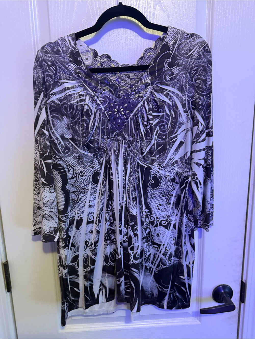 ONE WORLD Black and White Printed Tunic with Lace Neckline